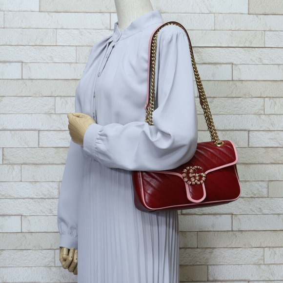 GUCCI Quilted GG Marmont Shoulder Bag Leather Red Ladies - Picture 2 of 6